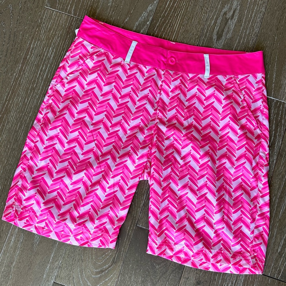 Birdies and Bows pink and white golf shorts, size 10